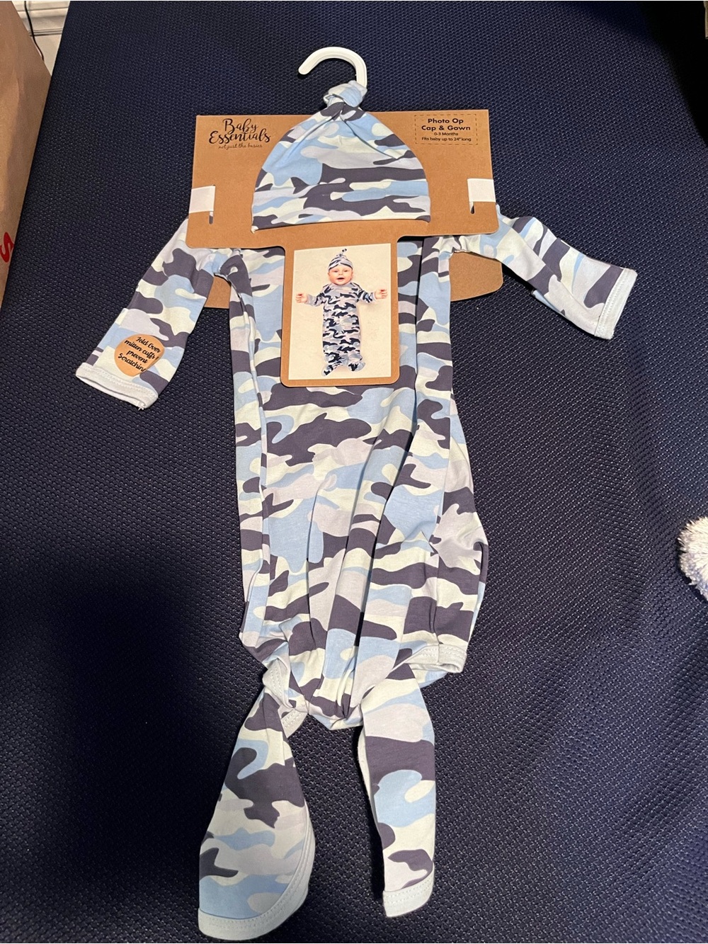 Baby Essentials Blue & Gray Camouflage Knotted One-Piece with Hat